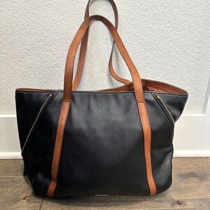 Fossil Black Leather Tan Tote Shoulder Bag Purse- EUC